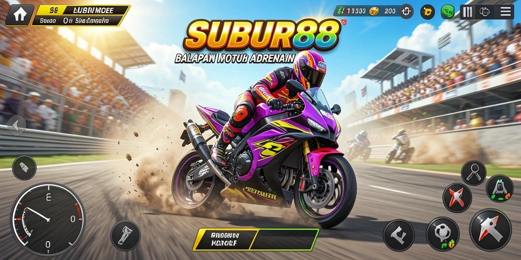 Gameplay seru SUBUR88 dengan balapan motor yang mendebarkan.